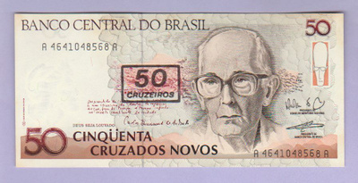 Brasilia 50 Cruzeiros v.1990 UNC P-223 (päällepainanta)