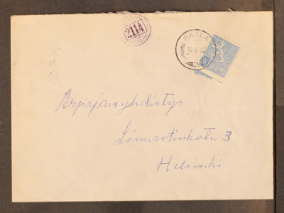 # 23379 # Numeroleima 2114 + Raala kirje Helsinki - 1962