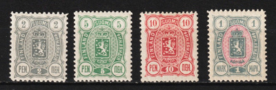 1889-95 Leimaamattomat Vaakunamerkit 2p, 5p 10p ja 1mk