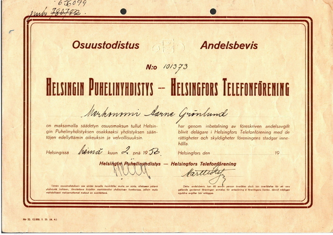Helsingin puhelinyhdistyksen osuustodistus vuodelta 1956