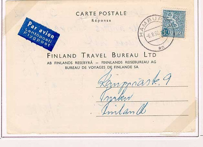 M54 1956 30 (mk) vastausposikortti lentopostissaSaksasta -62
