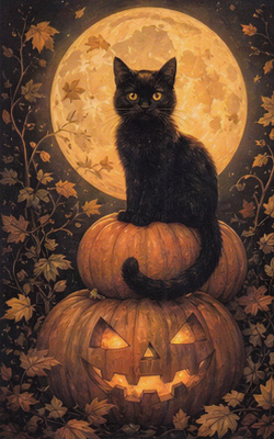 Halloween musta kissa istuu kurpitsojen päällä