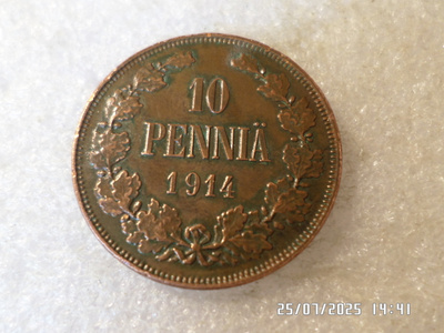 10 penniä  1914 kulkematon hieman  tasaisesti   patinoitunut