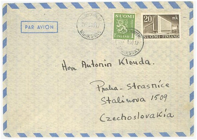 1945 20mk postitalo ym lentokirje CSR:ään