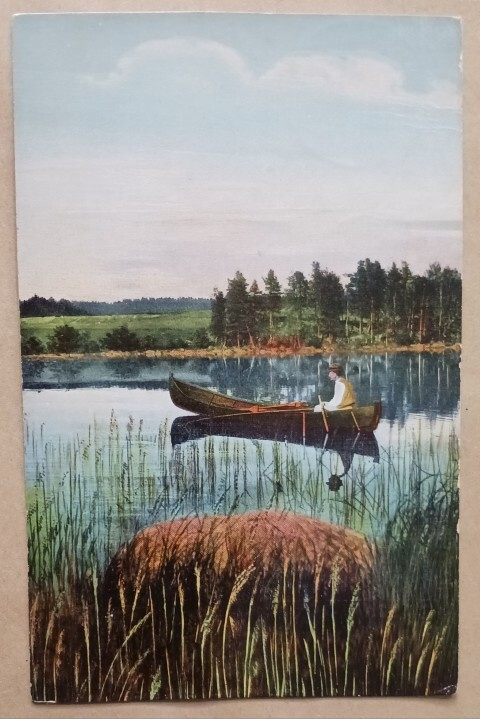 Järvellä veneestä onkimassa, vanha väripk, p. 1912