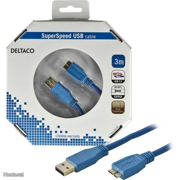 Deltaco USB 3.0 kaapeli A uros - micro-B uros, kullattu, 3m