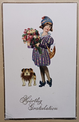 Tyttö ja koira 1920-luvulta tuovat onnittelukukat, k. k-k