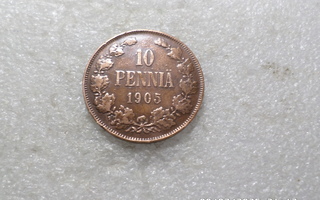 10  penniä  1905  kulkematon  hieman patinoitunut.