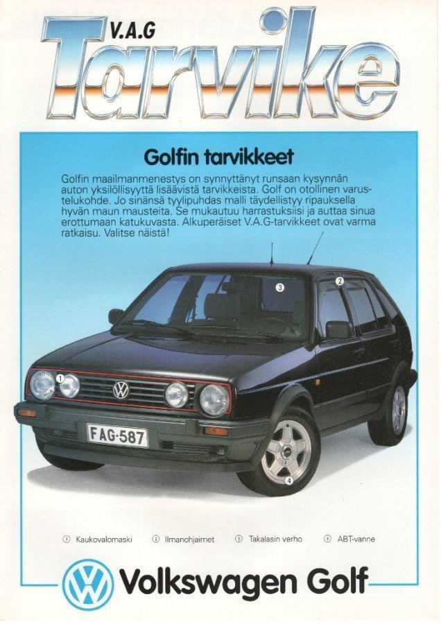 VW Golf lisävarusteet -esite 80-luvun lopusta