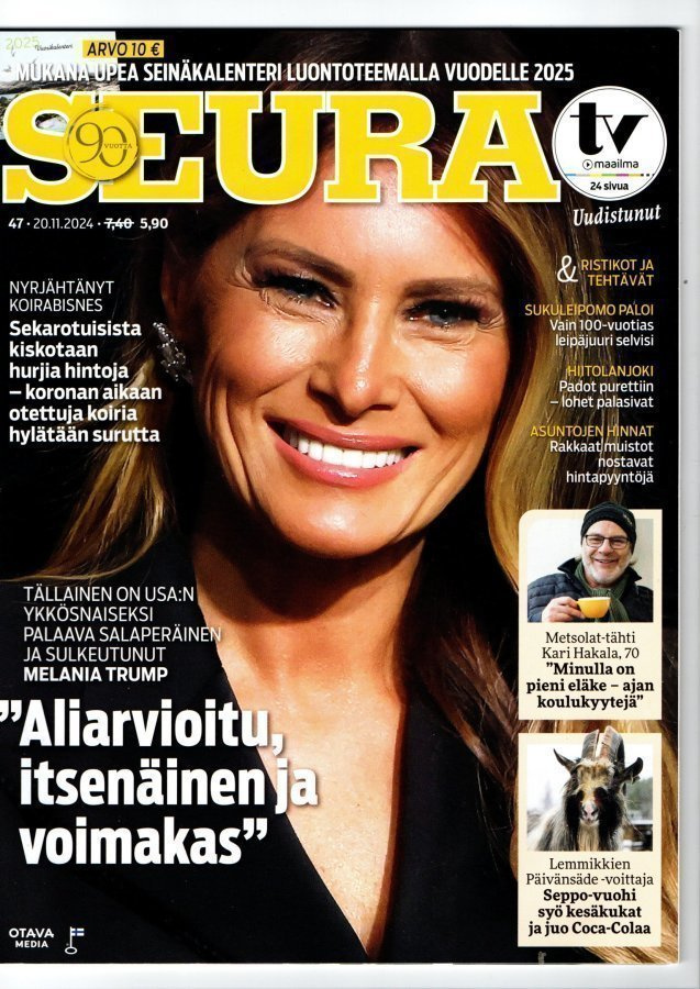 Seura n:o 47 2024 Melania Trump. Kaisa. Aki. Koiria takakont