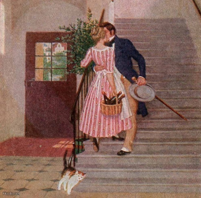 RAKKAUS / Mies suutelee tyttöä portaikossa, kissa. 1900-l.