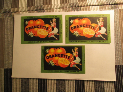 Orangette juomaetiketti .Suomen Sokeri Oy. 3 kpl.