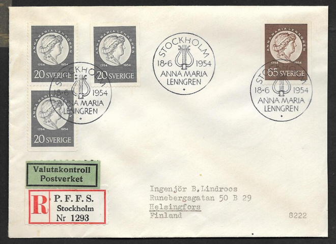 Ruotsi - Anna Maria Lenngren FDC 1954 R (Fac. 456-457)