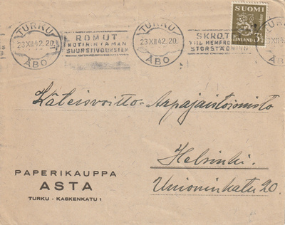 1942 3½mk Leijonalla firmakirje viestileimalla Turku>HKI