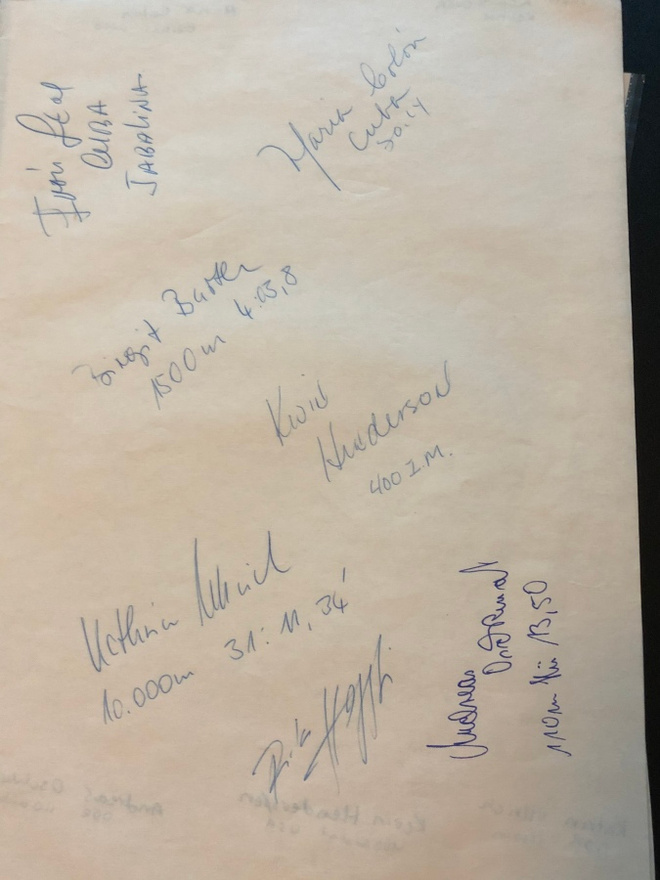 Yleisurheilijoiden nimikirjoituksia paperilla (saatu 1988)