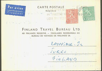 1956 M54 20mk ym vastauskortti lentoteitse Hollannista