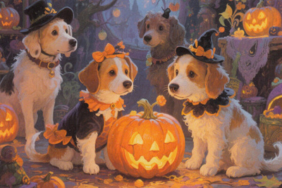 Halloween koirat kurpitsan ympärillä