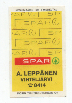 Porin Tulitikkutehdas SPAR A. LEPPÄNEN VIHTELJÄRVI Etiketti