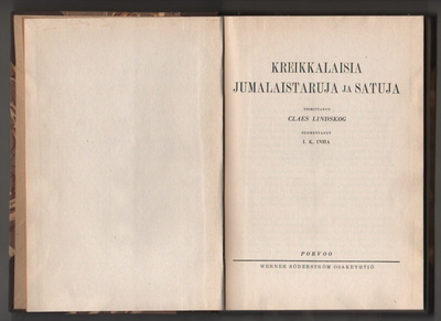 Kreikkalaisia jumalaistaruja ja satuja, WSOY 1928, sid., K3+