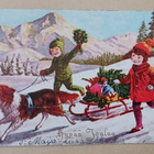 Koira vetää kelkassa kuusta, lapset juoksevat, p. 1941 - pikkukuva 1
