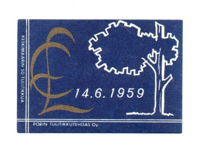 Porin Tulitikkutehdas 14.6. 1959 Etiketti.