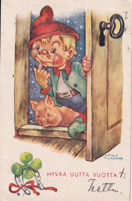 Tonttu ja possu ovella . Arnold Tilgmann b596