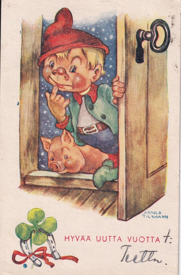 Tonttu ja possu ovella . Arnold Tilgmann    b596