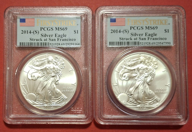 2 x USA Eagle 2014, 1 oz 999 hopeaa,  PCGS MS69. (KD3)