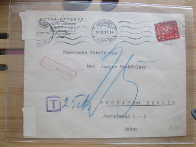 Fimakuori apteekki Heasta Saksaan vuodelta 1937 leimoin