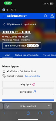Jokerit-HIFK, 2 lippua, katsomo 120, rivi 10