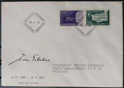 SIBELIUS -merkit FDC-kuorella 1965, kulkenut