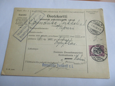 1928 Malmi Osl. Torkkeli osoitekortti Viipuriin
