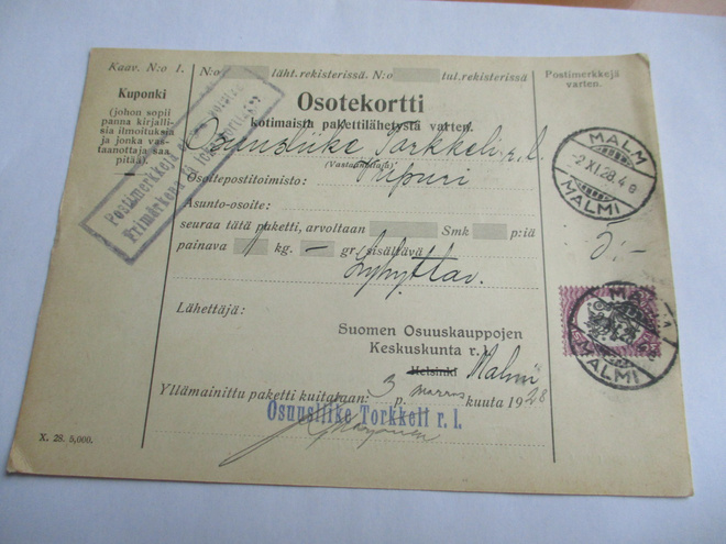 1928 Malmi Osl. Torkkeli osoitekortti Viipuriin