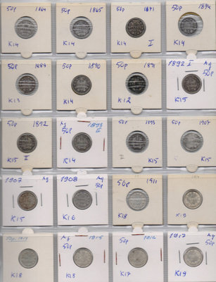 1864-1917 50 penniä 20kpl kuntoluokat kuvassa (kl2-kl9)