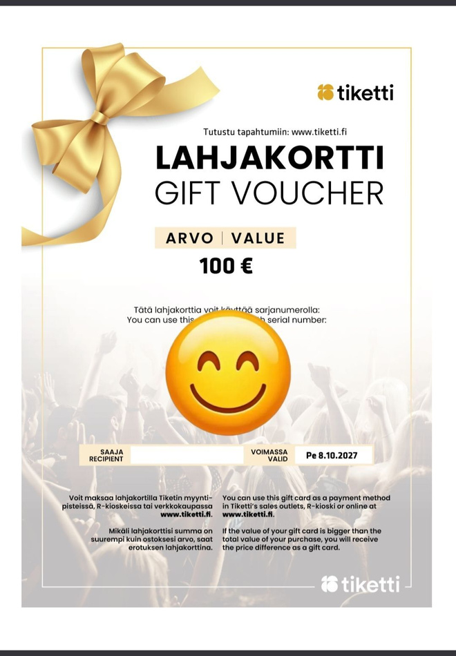 2kpl Tiketin 100€ lahjakorttia