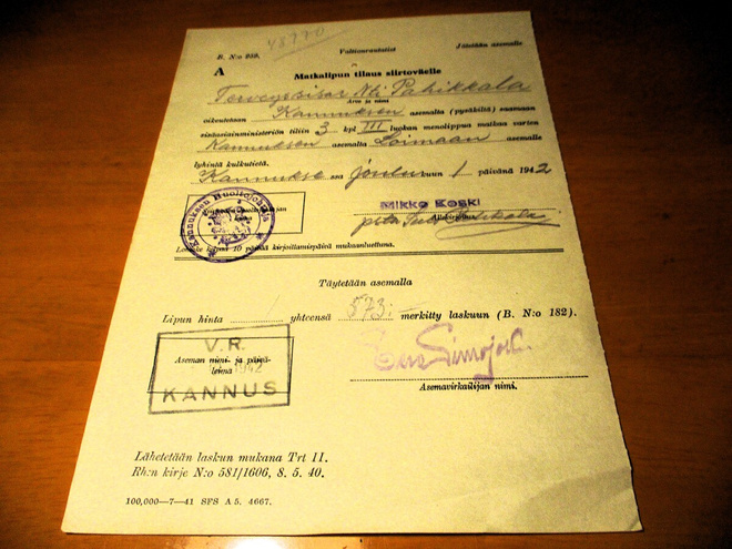 1942 Kannus matkalipun tilaus siirtoväelle