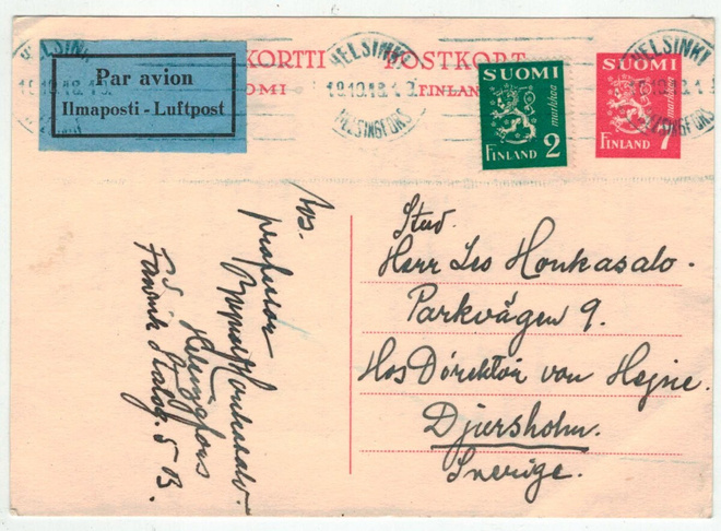 M30 1948 7 mk ehiökortti lentolisällä Ruotsiin