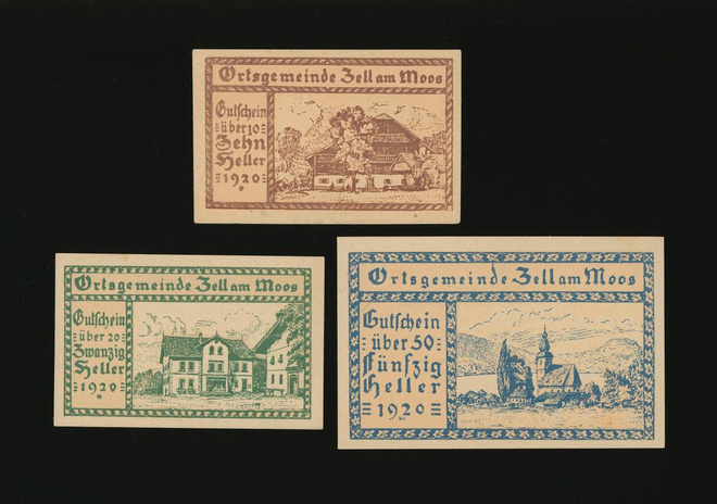 Itävalta Notgeld 10, 20, 50 Heller, Zell 1920
