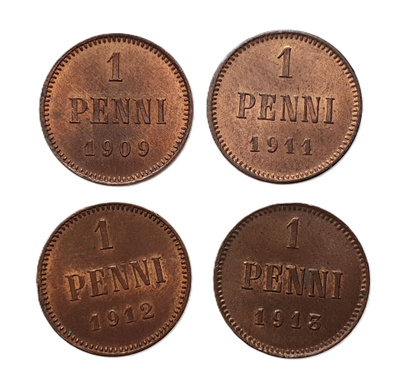 1 Penni 4 kpl. 1909-1913 Hyväkuntoinen erää!
