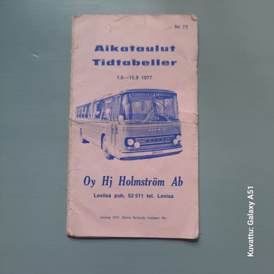 Linja-autoaikataulu Hj Holmström 1.6-15.8 1977