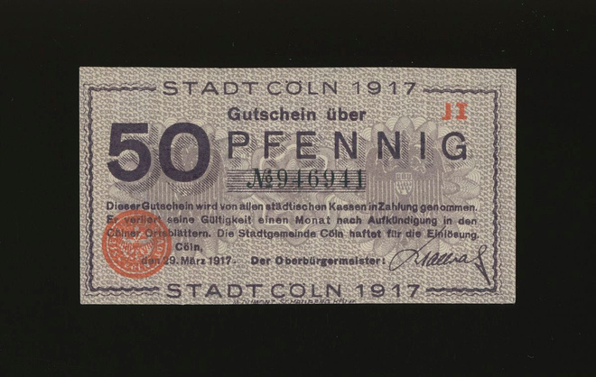 Saksa Notgeld 50 Pfennig, Köln 29.3.1917 JI aUNC