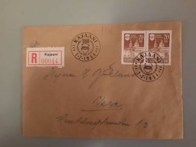 FDC Suomi 1951 Kajaani, R-kuori kulkenut