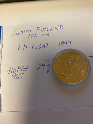 Suomi Finland EM - kisat v.1994 hopea Ag 925 100 mk