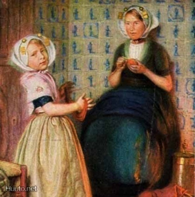 LAPSET / Tyttö kerii lankaa, ystävä pitää vyyhtiä. 1900-l.