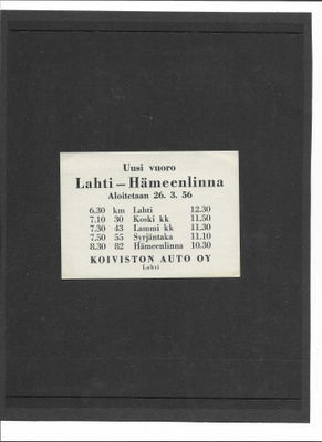 Aikataulu, Koiviston Auto, 1956