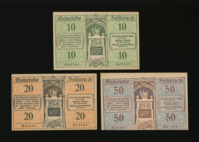 Itävalta Notgeld 10, 20, 50 Heller, Zeillern 1920
