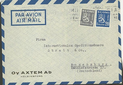 1950 M30 20mk sinen ja 3 mk harmaa lentokirje Saksaan