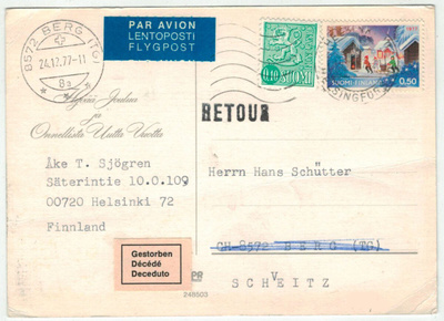 1977 lentopostikortti Sveitsiin -palautettu