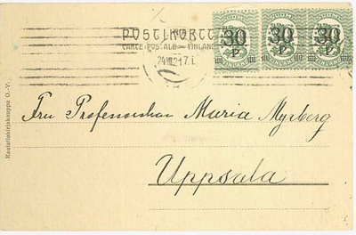 1921 30/10p 3-rivilö postikortti Ruotsiin
