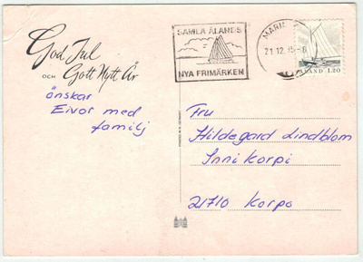 Ahvenanmaa 1985 purjevene 1,20 mk kortti Suomeen